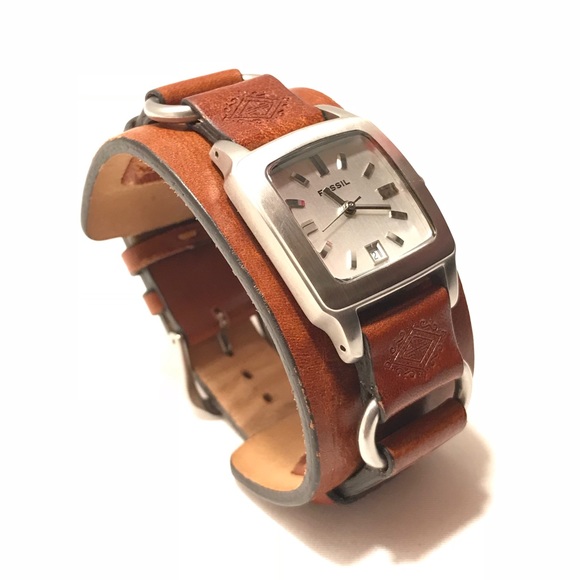 fossil leather cuff watch